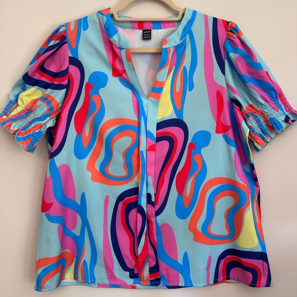 SHEIN Womens Colorful Abstract Short Sleeve Blouse Size L Summer Preppy Work